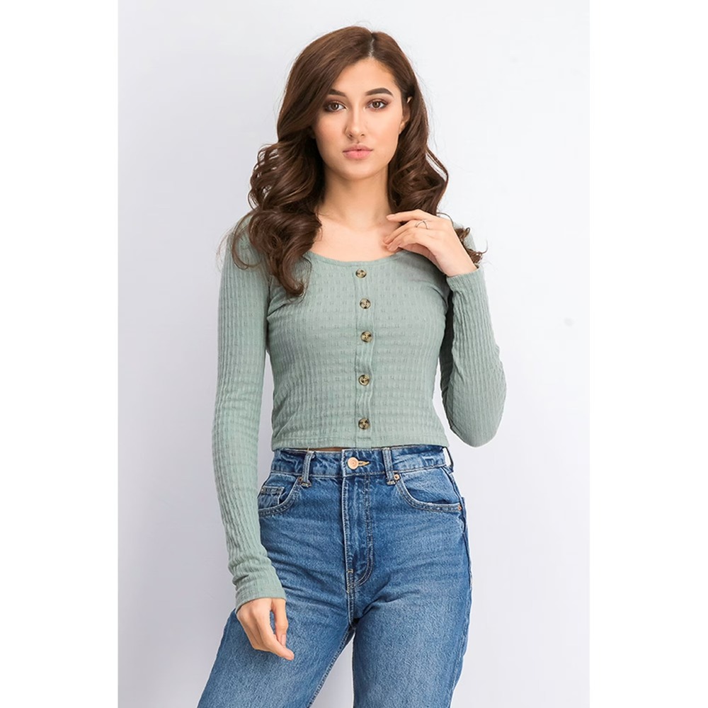 Hippie Rose Juniors'‎ Pointelle Crop Top Med Green Size Large - Picture 5 of 5